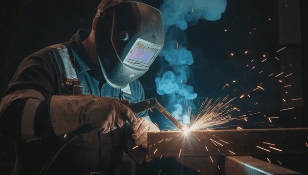 Worker welding metal with sparks in workshop