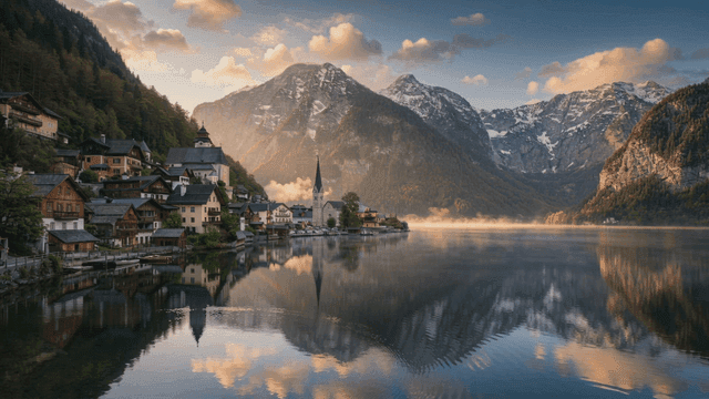Quiet lakeside European village surrounded by mountains