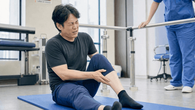 Male rehabilitation patient experiencing leg pain during exercise