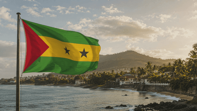 São Tomé and Príncipe flag on beach overlooking mountains and sea