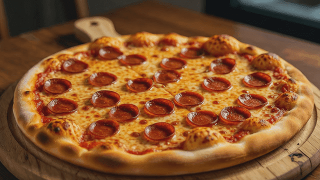 Freshly baked pepperoni pizza on a wooden board