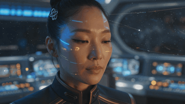 Woman concentrating in command room of future spaceship