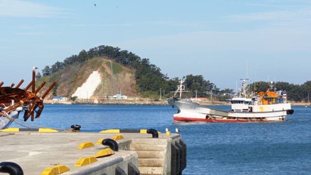 Fishing boats coming in to dock with hills in the background