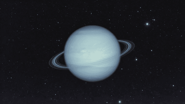 고리와 함께 있는 푸른 행성의 먼 모습