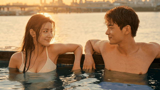 일몰 여름 수영장에서 서로를 바라보는 커플