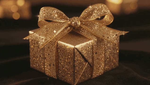 반짝이는 금색 리본 선물 상자