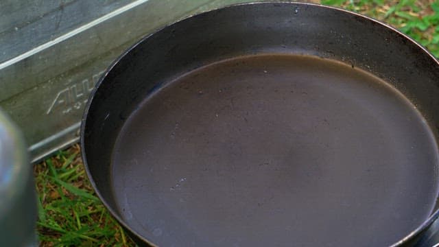 프라이팬에 야외에서 대파와 양파 요리하기