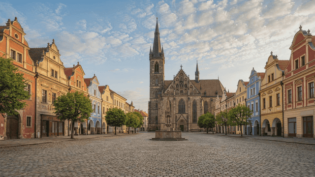 Quiet European city square with historical buildings