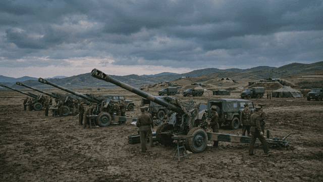 North Korean soldiers conducting artillery training in field