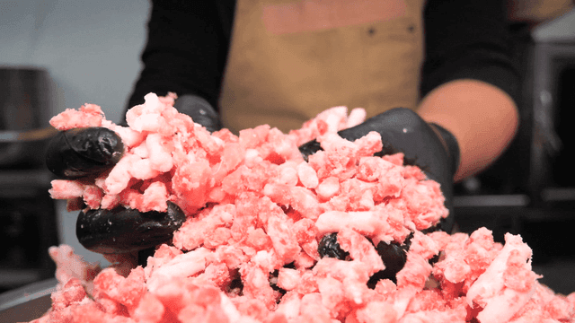 Hands touching minced meat in kitchen