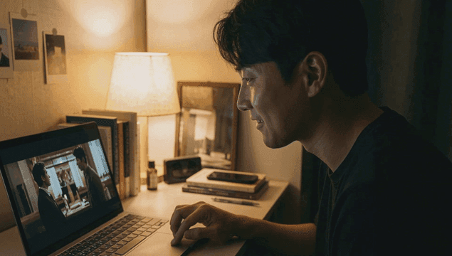 Man watching a movie on a laptop at night