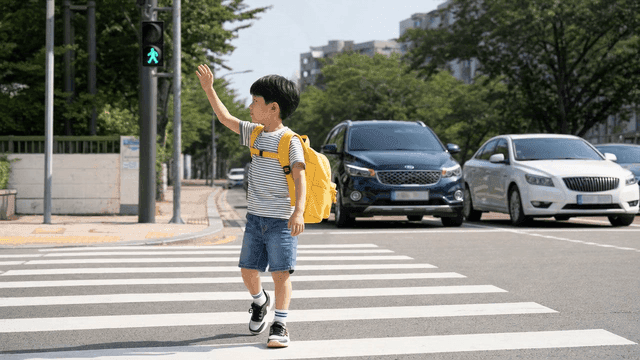 Child crossing crosswalk with backpack on and hand raised