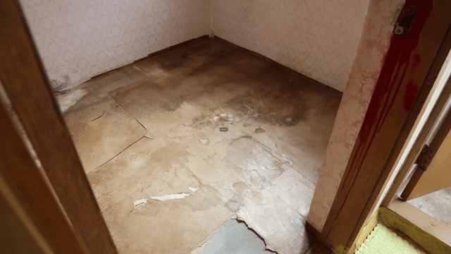 바닥과 벽이 손상된 빈 방