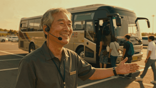 버스 근처에서 여행객을 안내하는 가이더