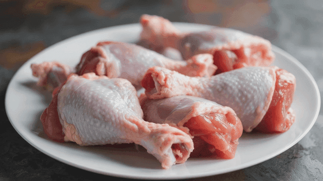 Raw chicken drumsticks on a white plate