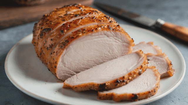 Roasted pork loin served on plate