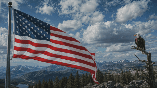 American flag and eagle in mountain landscape