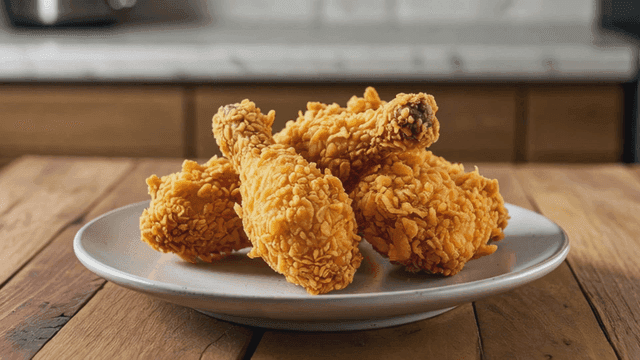 사기 접시에 놓인 바삭한 프라이드 치킨 닭다리