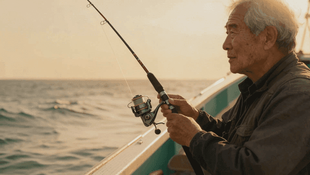 Elderly man fishing on a boat at sunset