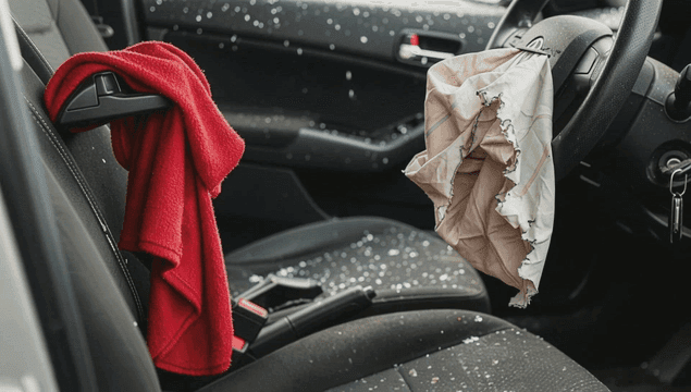 에어백이 터진 자동차 내부와 깨진 유리 파편들