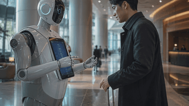 A man interacting with a robot in a modern lobby