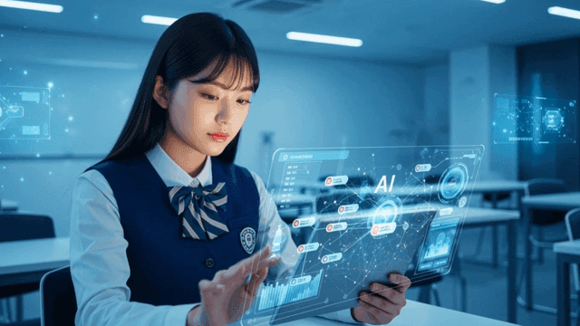 AI 가상 스크린으로 공부하는 여학생