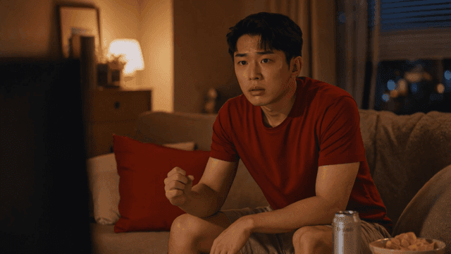 Nervous man watching TV in cozy living room late at night