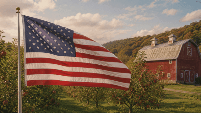 American flag waving near a red barn