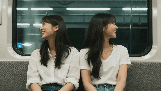 Smiling young twin sisters in a subway