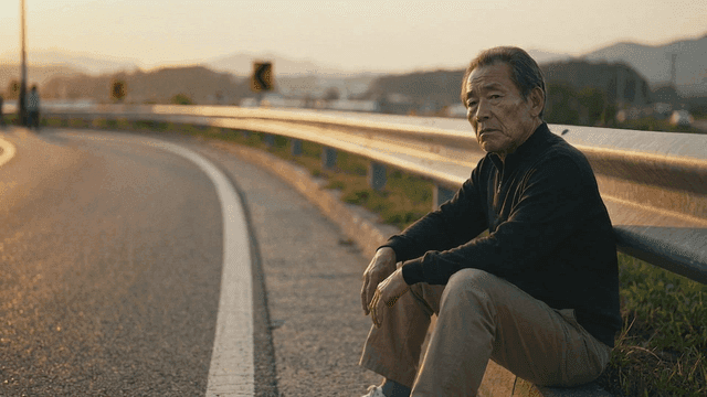 Elderly man sitting by roadside at sunset