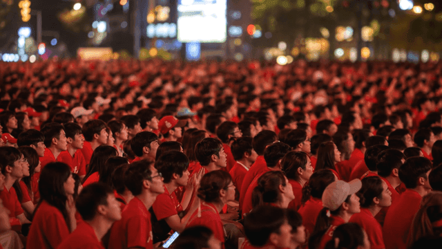 Large crowd of people wearing red t-shirts watching group tour