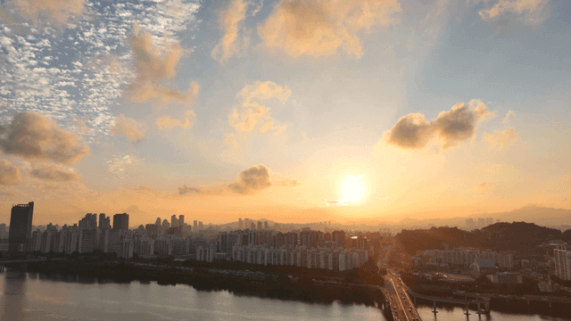 Sunset over a city skyline and river