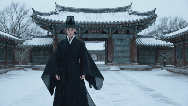 Grim Reaper Appearing in Snow-Covered Traditional Korean Palace