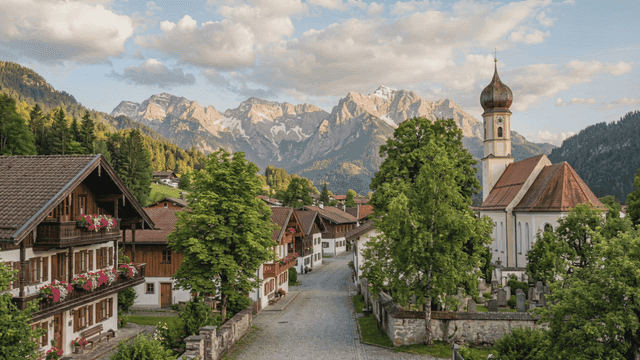 Peaceful European village with view of mountains