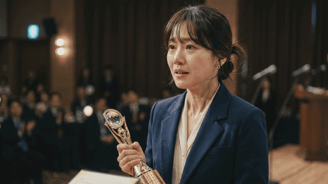 Award ceremony with a woman receiving a trophy