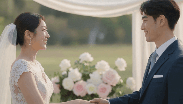 결혼식에서 서약을 교환하는 부부