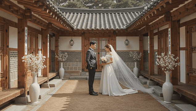 한옥 마당에 서있는 신랑 신부
