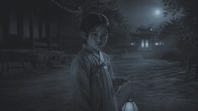Girl wearing traditional Hanbok and holding lantern at night