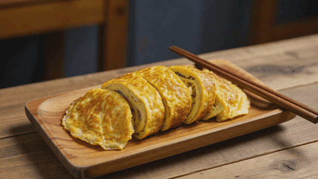 Thick rolled omelet served on wooden plate