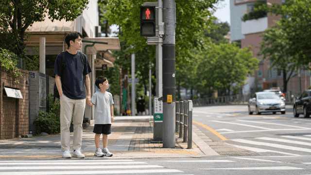 Father and son waiting at a crosswalk