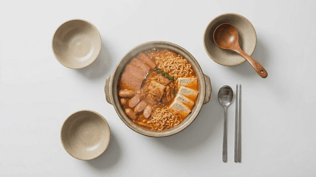 Budaejjigae containing sausage, ham, tofu, and ramen