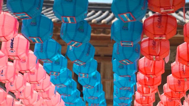 Colorful lanterns adorning a traditional temple