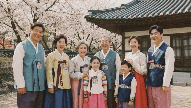 Family wearing traditional hanbok during holidays