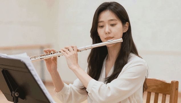 Woman playing flute while reading sheet music in practice room