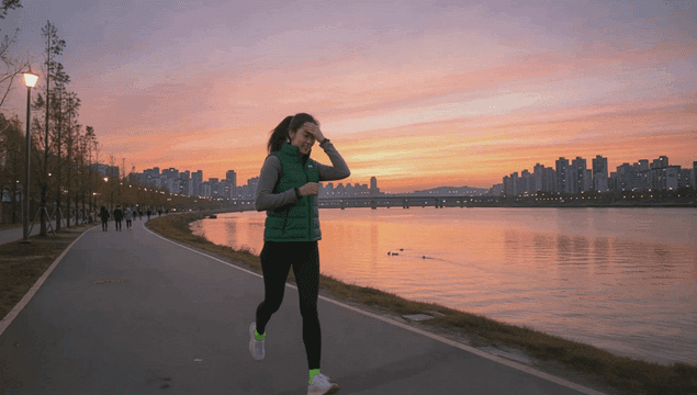 해질녘 강변을 따라 조깅하는 젊은 여성