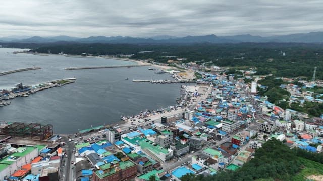 Tranquil sea and coastal town