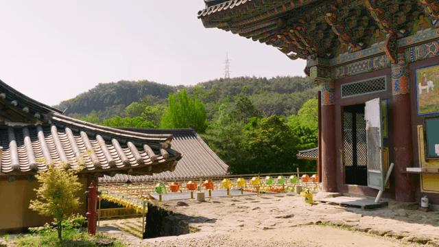 Traditional Korean temple with lanterns