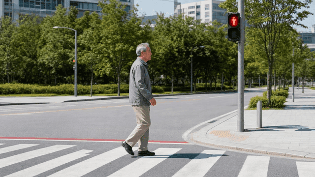 Elderly person crossing crosswalk on red light