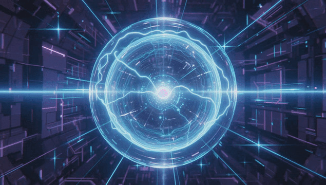 Glowing digital sphere in a futuristic setting