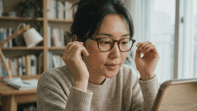 Woman adjusting glasses in a cozy room
